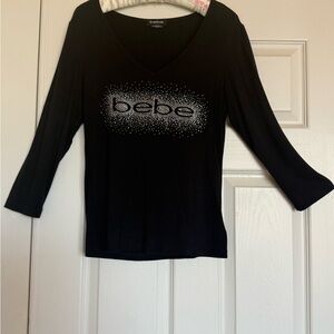 Bebe Black V-Neck Long Sleeve Tee with Silver Detailing